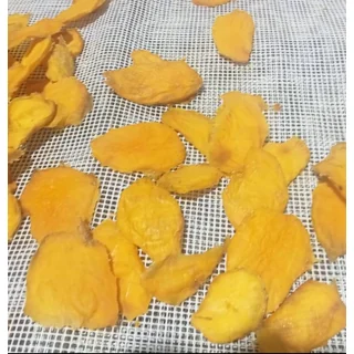 Mango pieces on a drying tray at Campo Costa